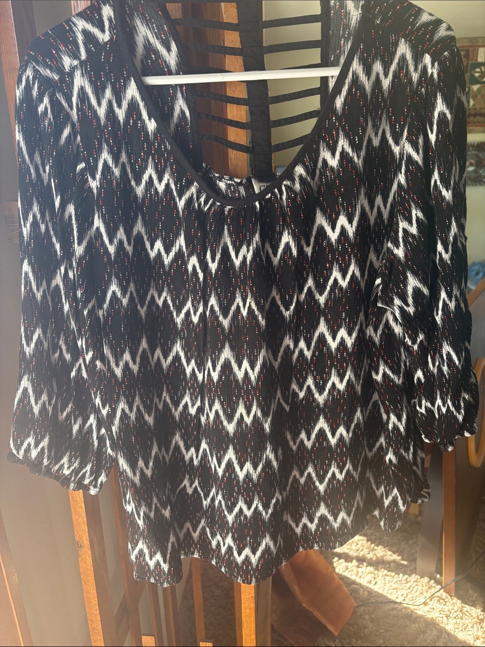 Cato Black & White Zigzag Blouse with Red Sparkle